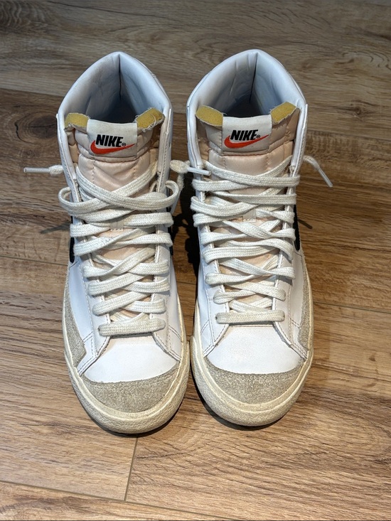 Nike Shoes - Nike Women’s White High-Top Sneakers with Black Swoosh and Beige Accents